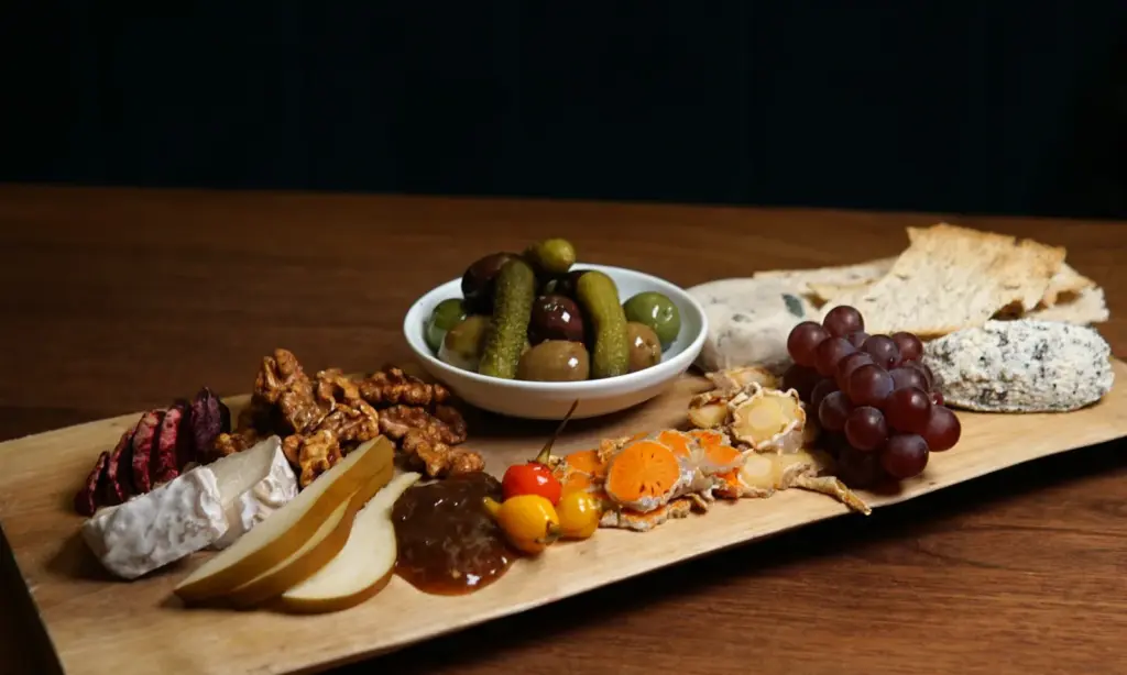 Plant-based cheese course with fruit, nuts and crackers at Avelo