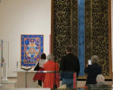 Visitors looking at art inside the Aga Khan Museum in Toronto