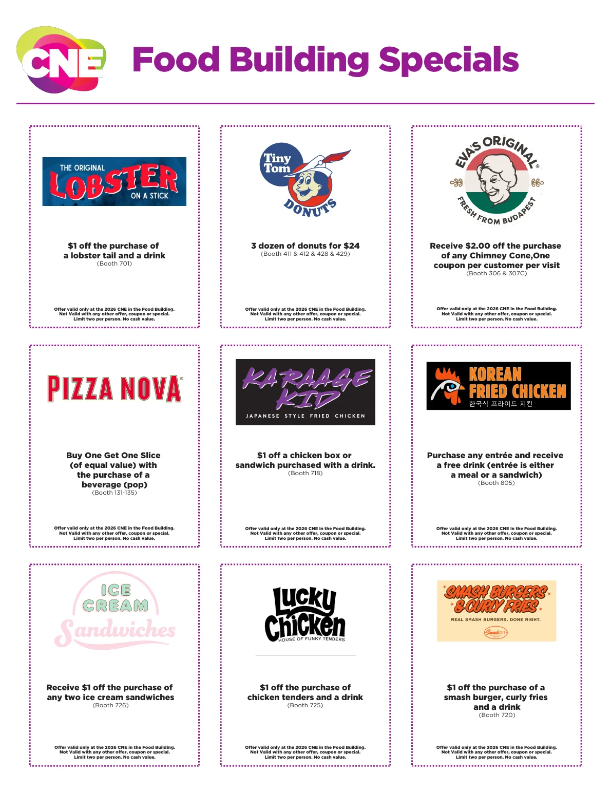 Page one of the official 2026 CNE Food Building coupons