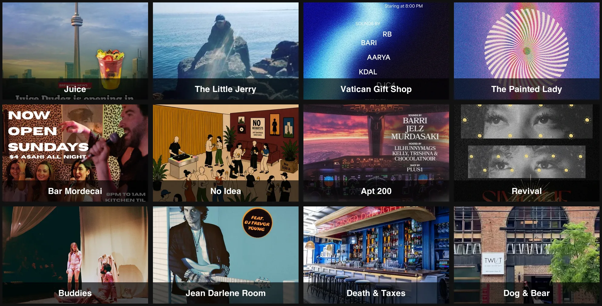 A labelled collage of twelve Toronto bars and rooms that sometimes host dancing.