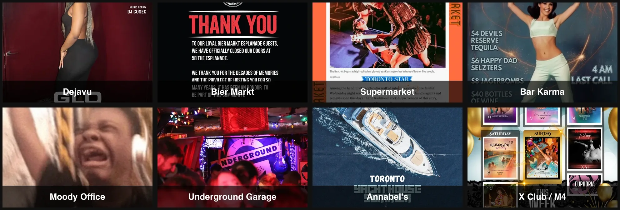 A labelled collage of eight more Toronto late-night bars and event rooms.
