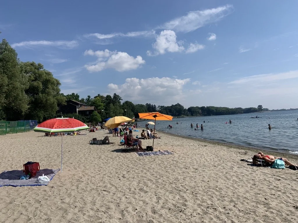 Families swimming and relaxing at Marie Curtis Park East Beach