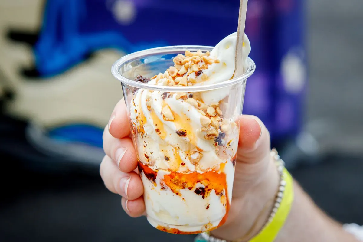 Vanilla soft serve topped with chilli oil and chilli crunch at the CNE