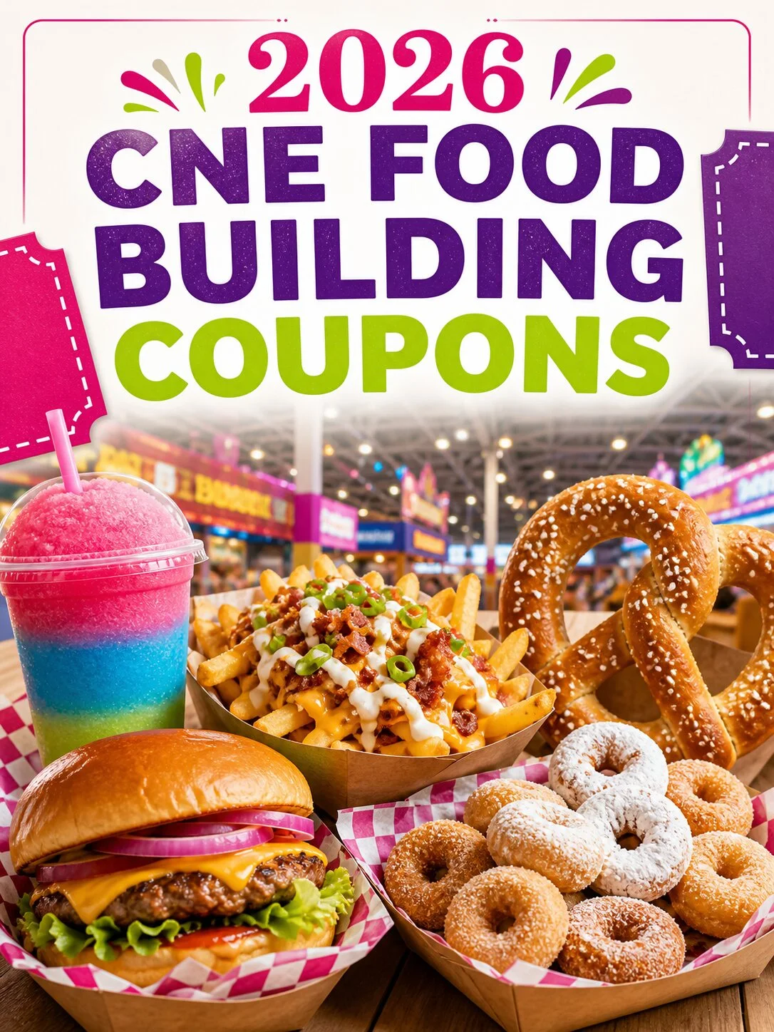 2026 CNE Food Building coupons with fair food and a frozen drink