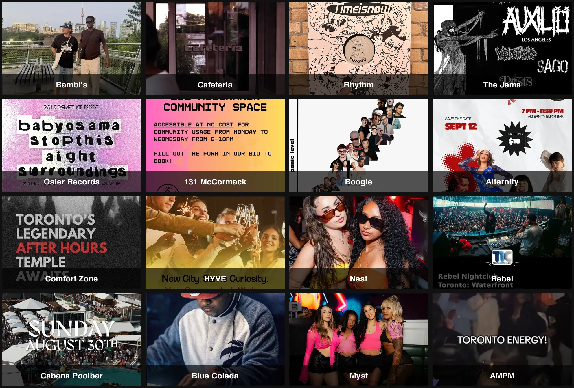 A labelled collage of sixteen Toronto electronic venues and event spaces.