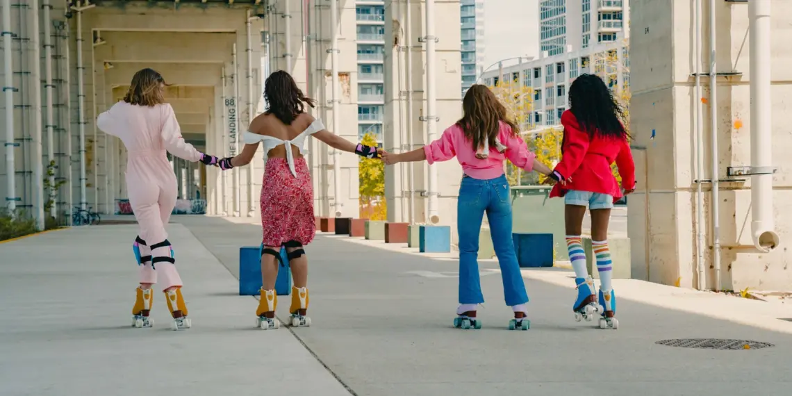 Four women from different backgrounds holding hands while roller skating beneath the Gardiner at The Bentway in Toronto