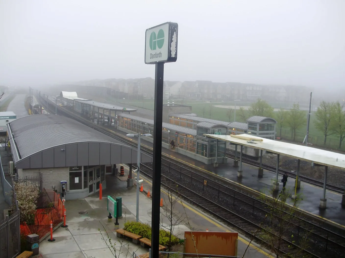 Danforth GO Station and platforms on a foggy day