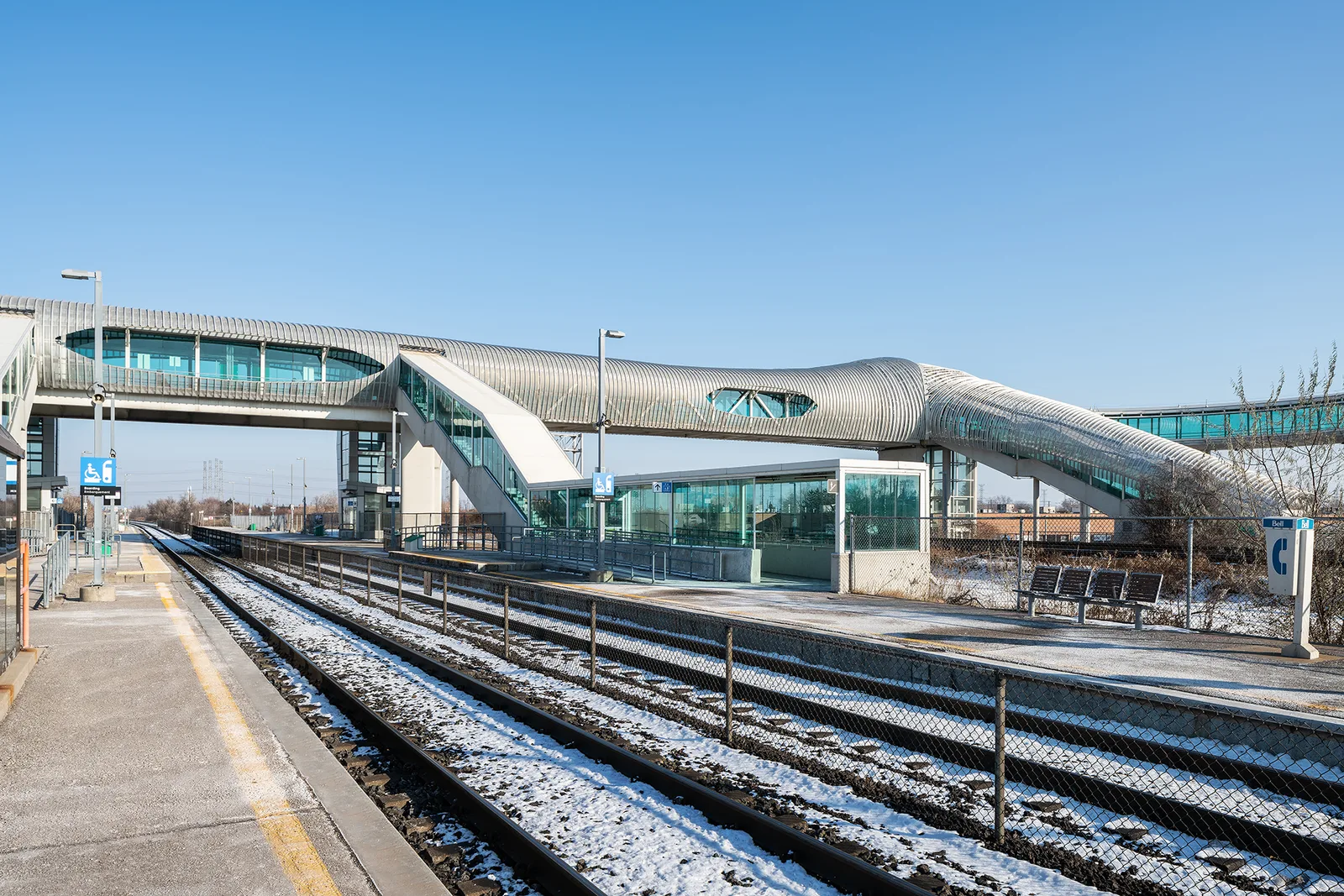 Pickering GO pedestrian bridge above train platforms