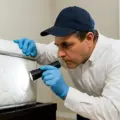 Pest-control technician inspecting a mattress seam with a flashlight