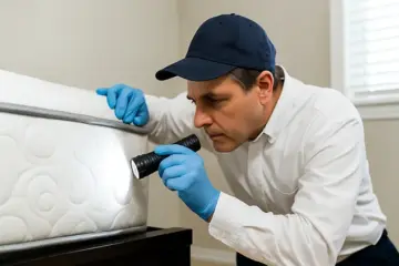 Pest-control technician inspecting a mattress seam with a flashlight