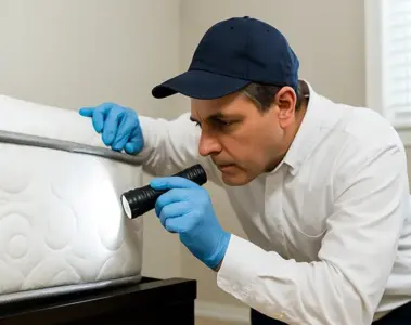 Pest-control technician inspecting a mattress seam with a flashlight