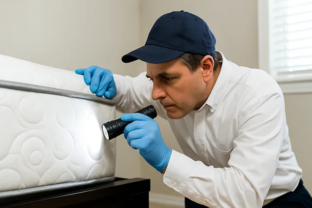 Pest-control technician inspecting a mattress seam with a flashlight