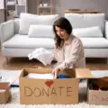 Woman sorting clothes into keep, donate and discard boxes