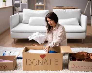 Woman sorting clothes into keep, donate and discard boxes