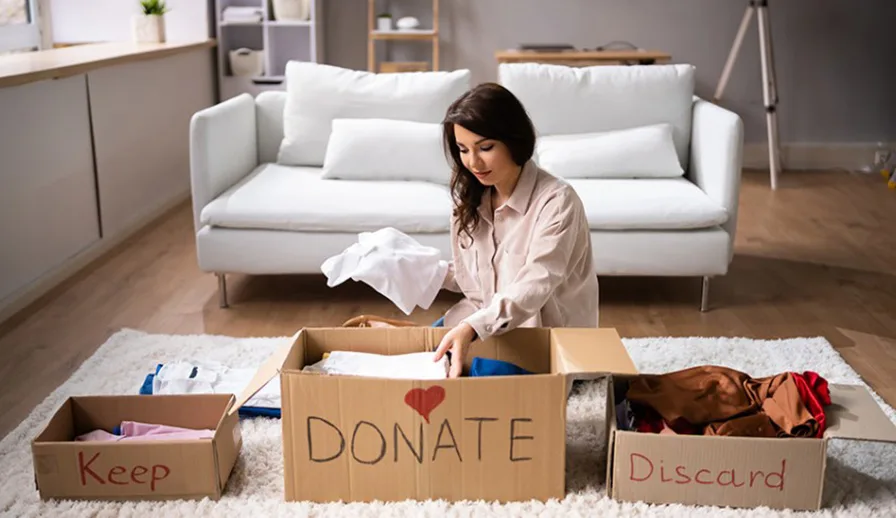 Woman sorting clothes into keep, donate and discard boxes