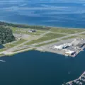 Billy Bishop Toronto City Airport beside Toronto's waterfront, viewed from the CN Tower