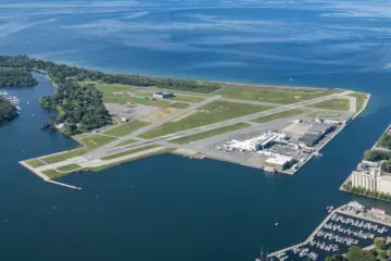 Billy Bishop Toronto City Airport beside Toronto's waterfront, viewed from the CN Tower