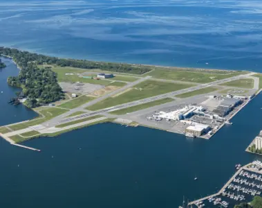 Billy Bishop Toronto City Airport beside Toronto's waterfront, viewed from the CN Tower