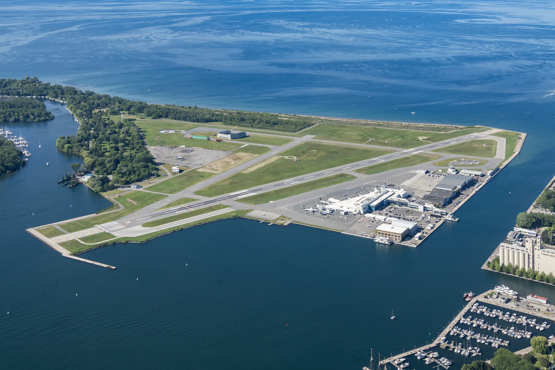 Billy Bishop Toronto City Airport beside Toronto's waterfront, viewed from the CN Tower