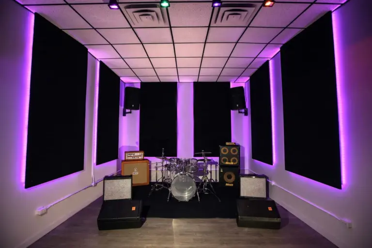 A purple-lit rehearsal room at Geary Avenue Rehearsal