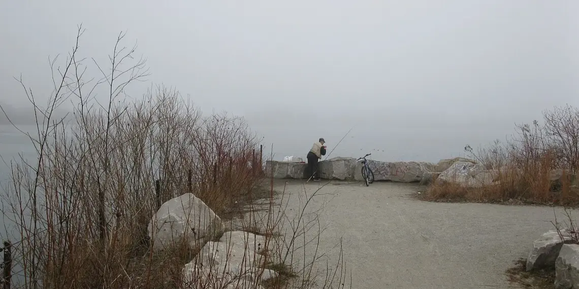 A person fishing from the Toronto waterfront near the Hearn Generating Station