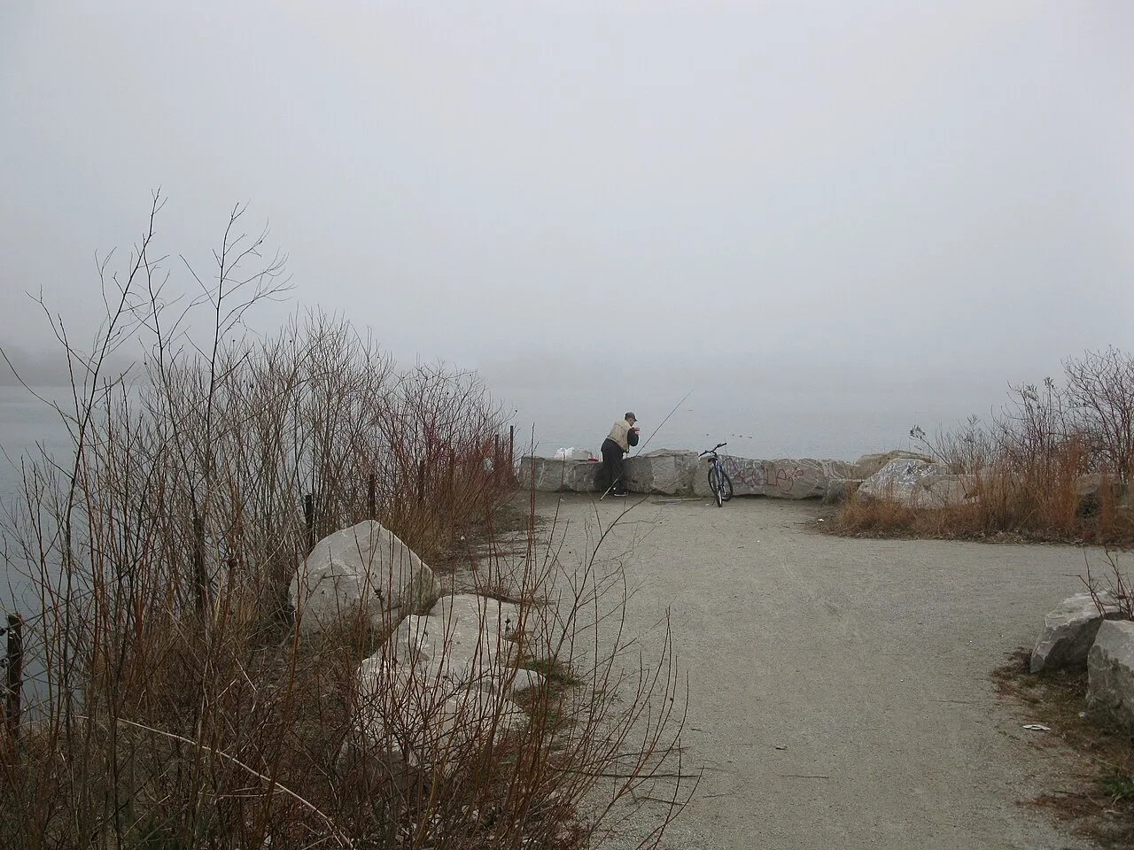 A person fishing from the Toronto waterfront near the Hearn Generating Station