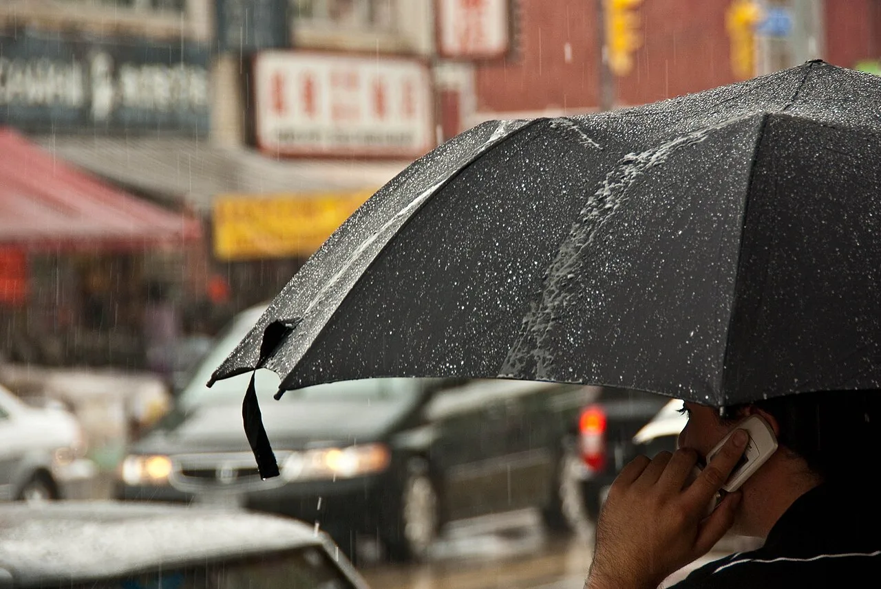 People carrying umbrellas on a rainy street in Toronto's Chinatown