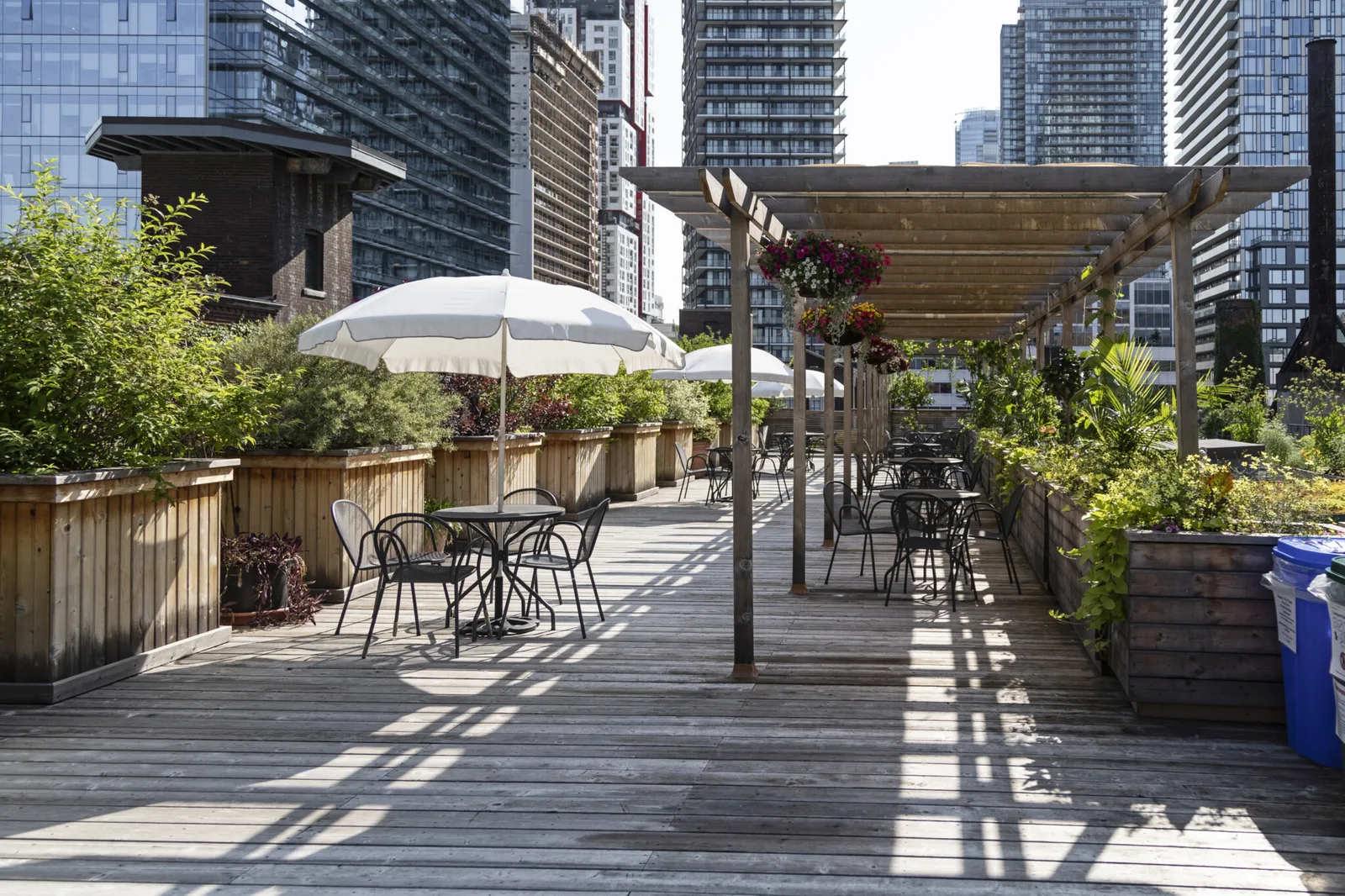 Tables, umbrellas and plants on the rooftop garden at 401 Richmond in Toronto
