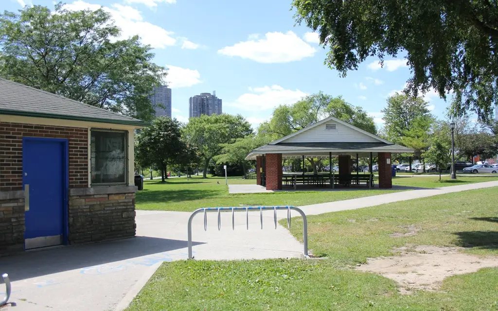 Washroom building, bike racks and a picnic shelter at Sir Casimir Gzowski Park