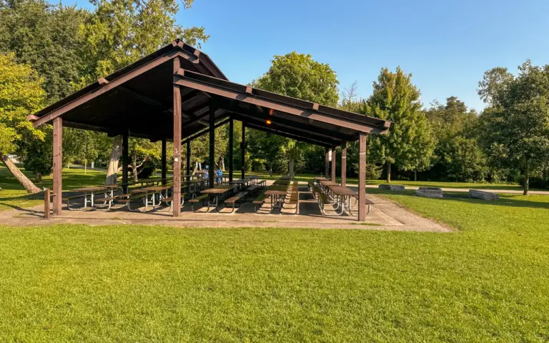 A large open picnic shelter with rows of tables at Thomson Memorial Park