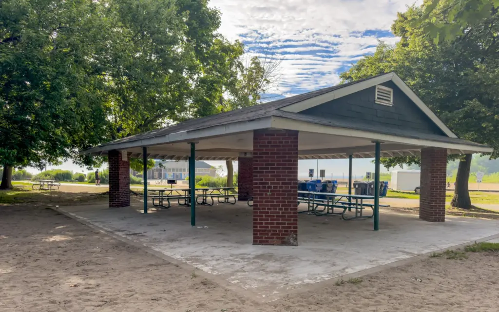 Picnic Site One under a covered shelter at Woodbine Beach Park