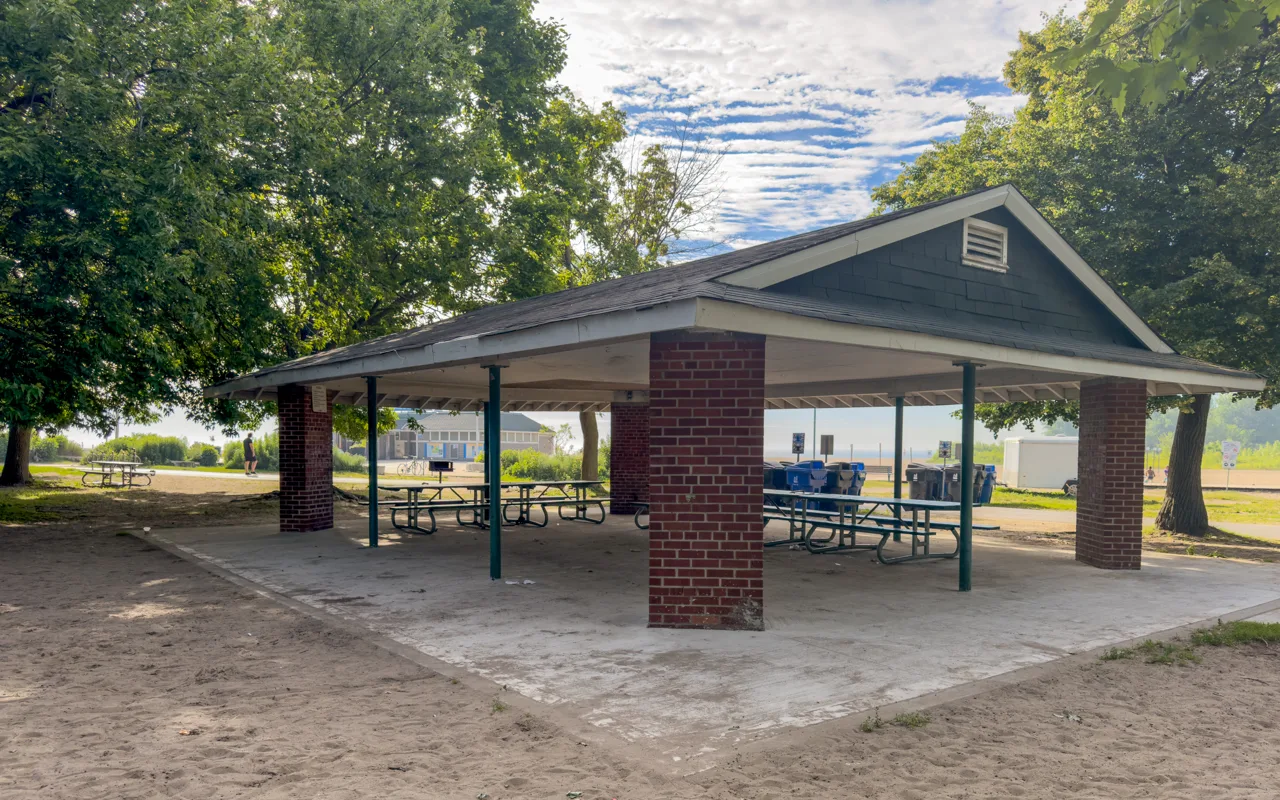 Picnic Site One under a covered shelter at Woodbine Beach Park