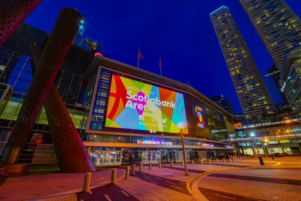 Scotiabank Arena entrance and plaza at night in downtown Toronto