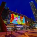 Scotiabank Arena entrance and plaza at night in downtown Toronto