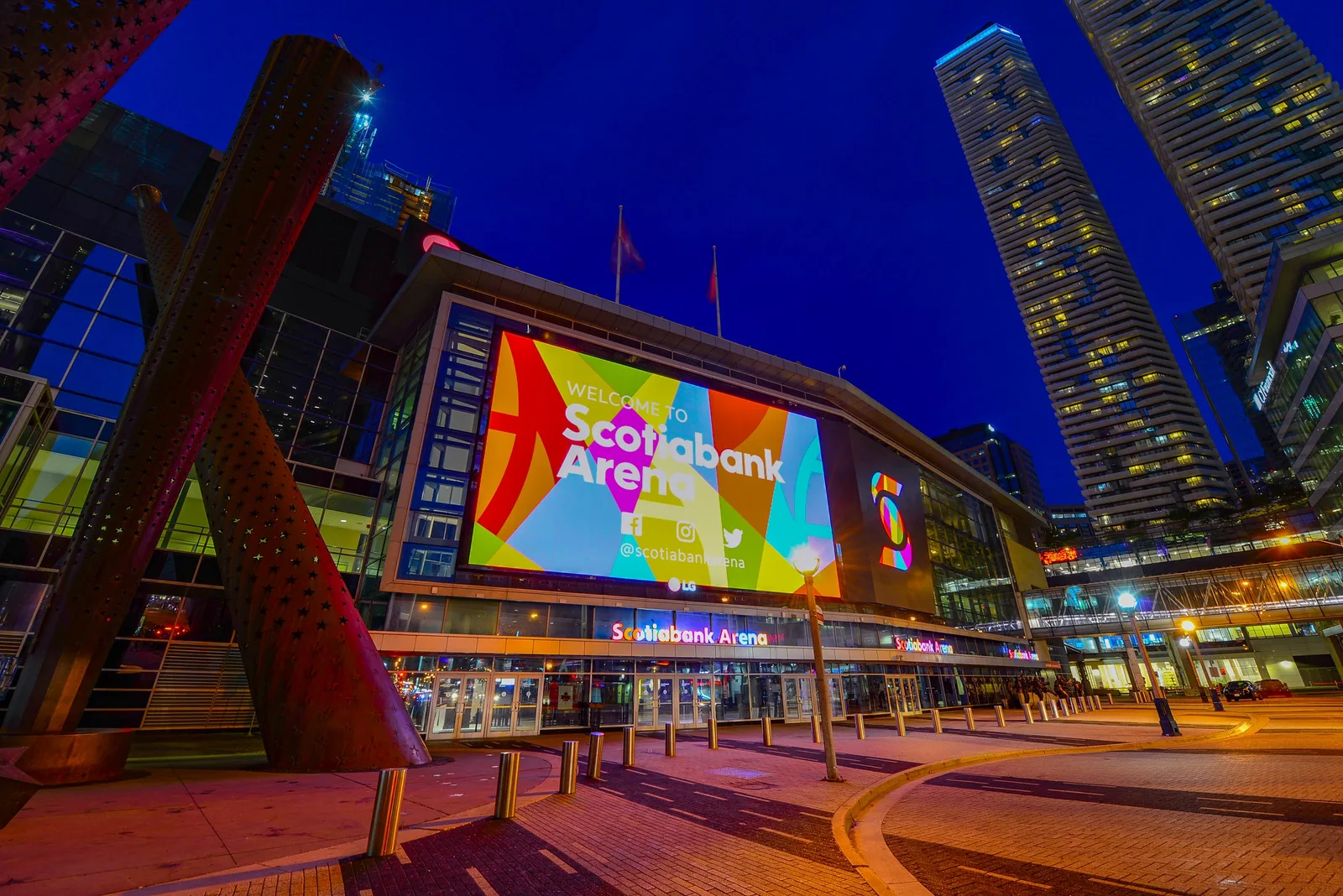 Scotiabank Arena entrance and plaza at night in downtown Toronto