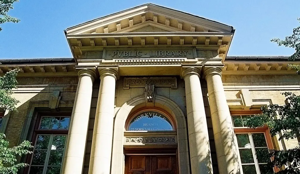 Brick exterior and front entrance of Yorkville Branch library