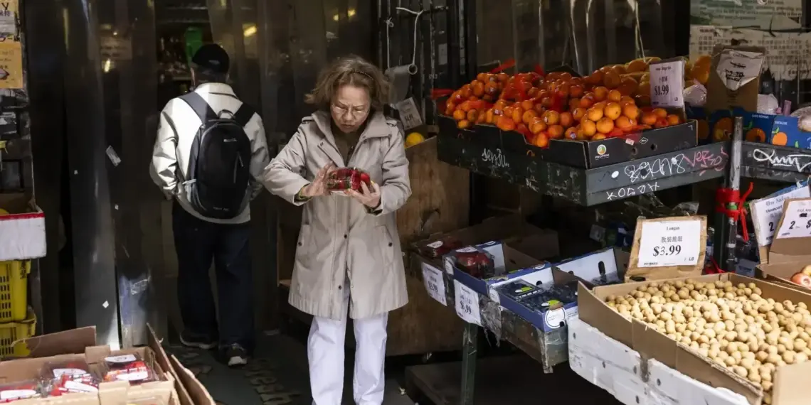 A shopper choosing fruit and vegetables at a Toronto Chinatown market