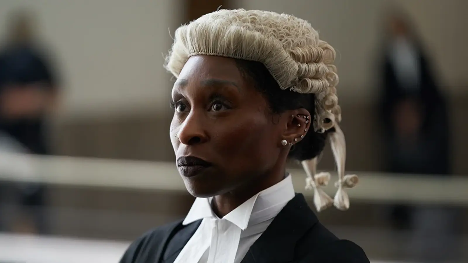 Cynthia Erivo wears a barrister's wig in a scene from Prima Facie