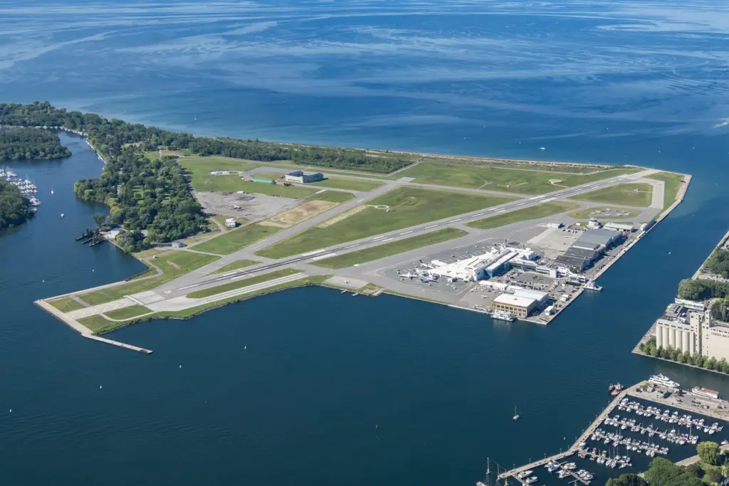 High view over Billy Bishop Airport, Toronto harbour and the lake