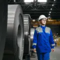 Woman wearing safety gear beside large steel coils in a factory