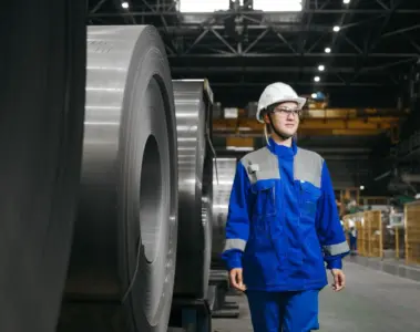 Woman wearing safety gear beside large steel coils in a factory