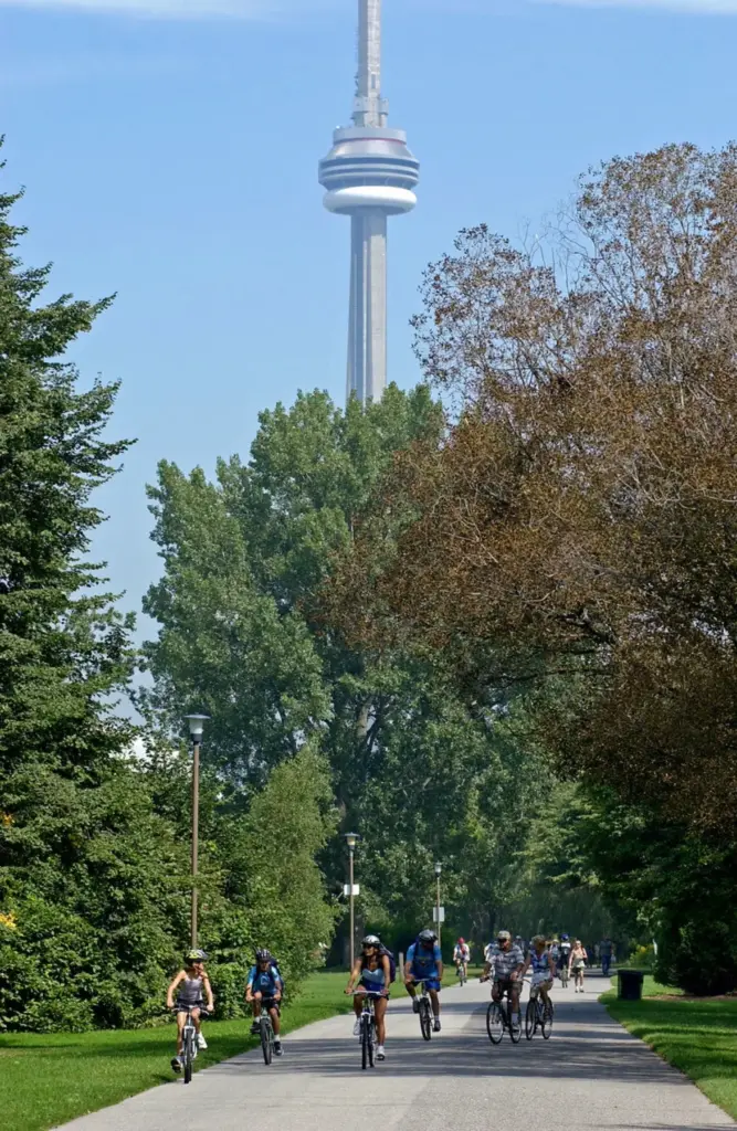 Adults and children cycling under trees on Toronto Island with the CN Tower behind them