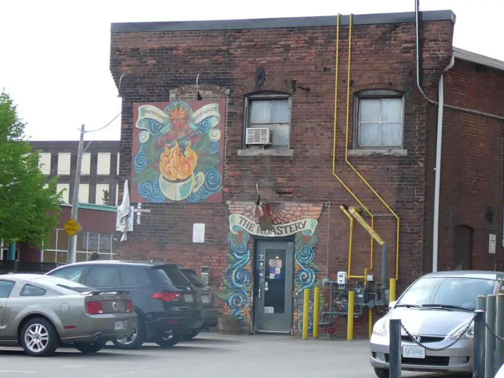 Brick Toronto coffee shop exterior with a large painted mural