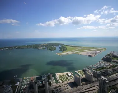 Aerial view of Toronto harbour, Billy Bishop Airport and the lake