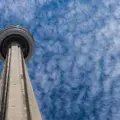 CN Tower rising above trees and downtown buildings in Toronto