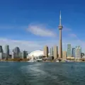Wide daytime view of the Toronto skyline and CN Tower from Lake Ontario