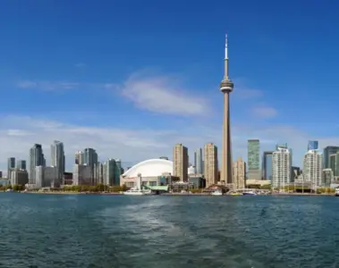 Wide daytime view of the Toronto skyline and CN Tower from Lake Ontario