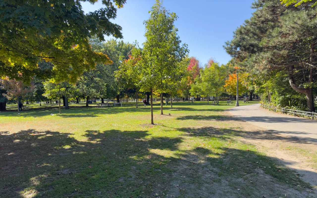 People relax on the grass beneath mature trees in Trinity Bellwoods Park