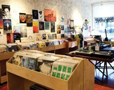 Vinyl bins and vintage audio equipment inside Tonality Records