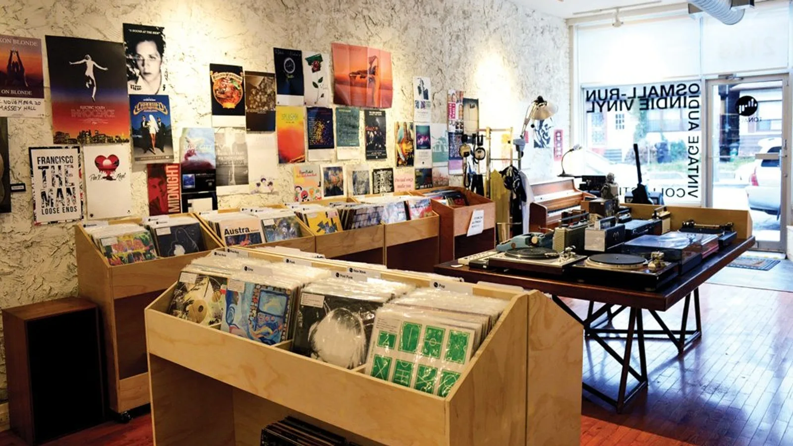 Vinyl bins and vintage audio equipment inside Tonality Records